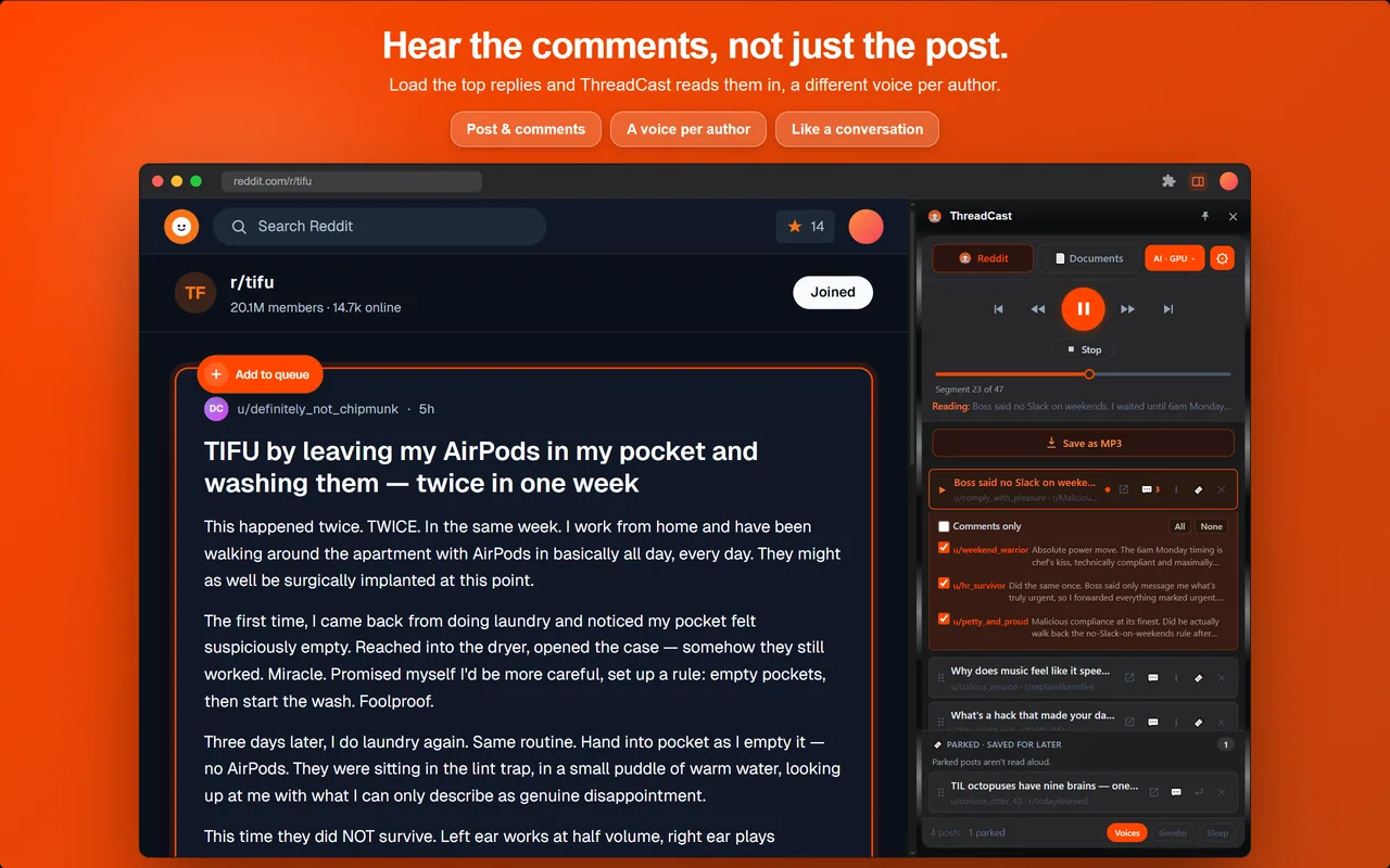A multi-commenter AskReddit thread narrated with a different voice per user.