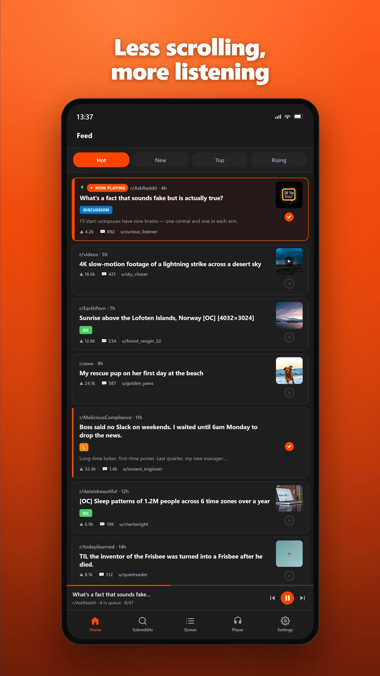 ThreadCast for Android subreddit feed used to queue the best subreddits to listen to on the go.