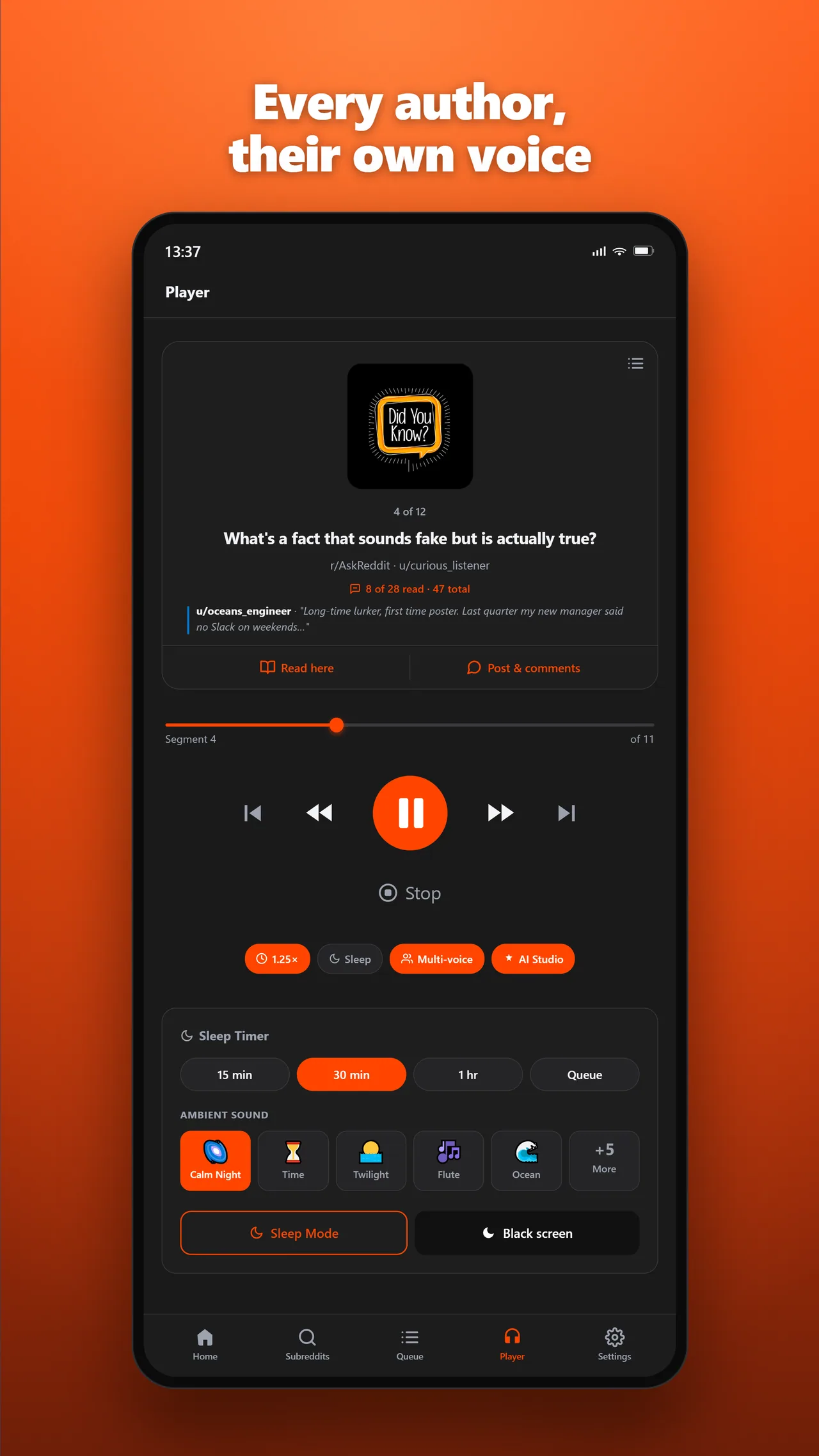 Full-screen player auto-advancing Reddit comments with a distinct voice per commenter for the car.