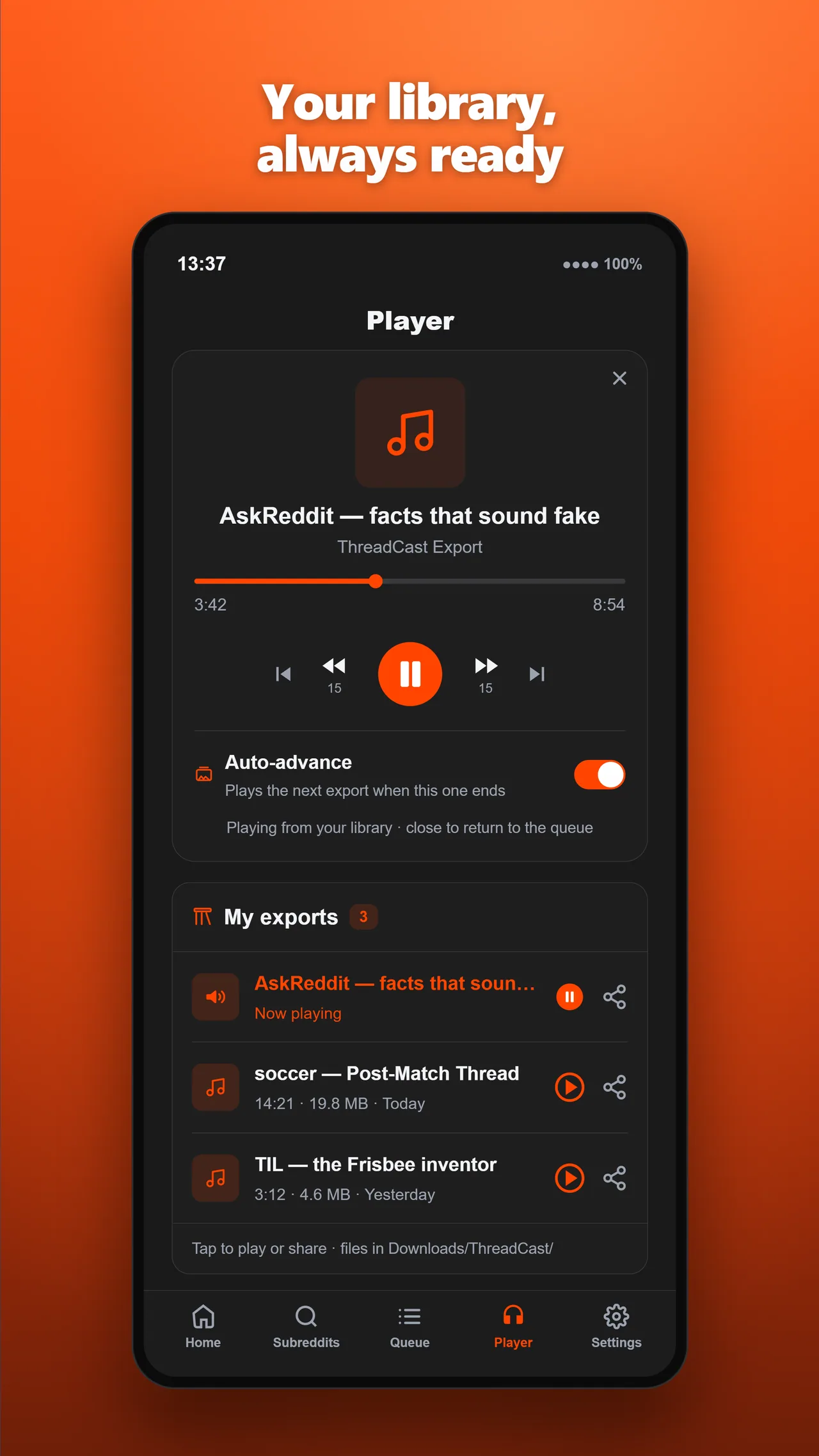 Queue of Reddit threads loaded before a drive for eyes-free commute listening.