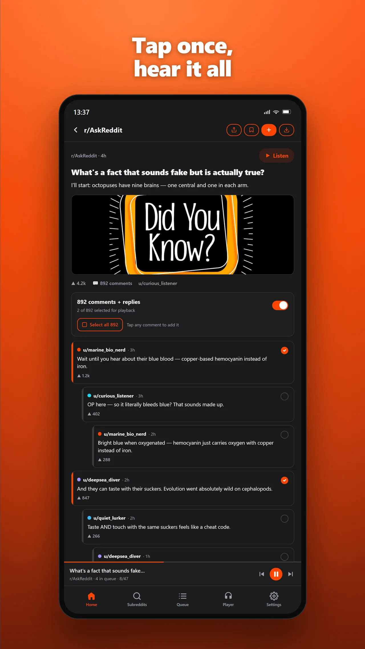 A Reddit post open in ThreadCast for Android ready to be read aloud without copy-paste.