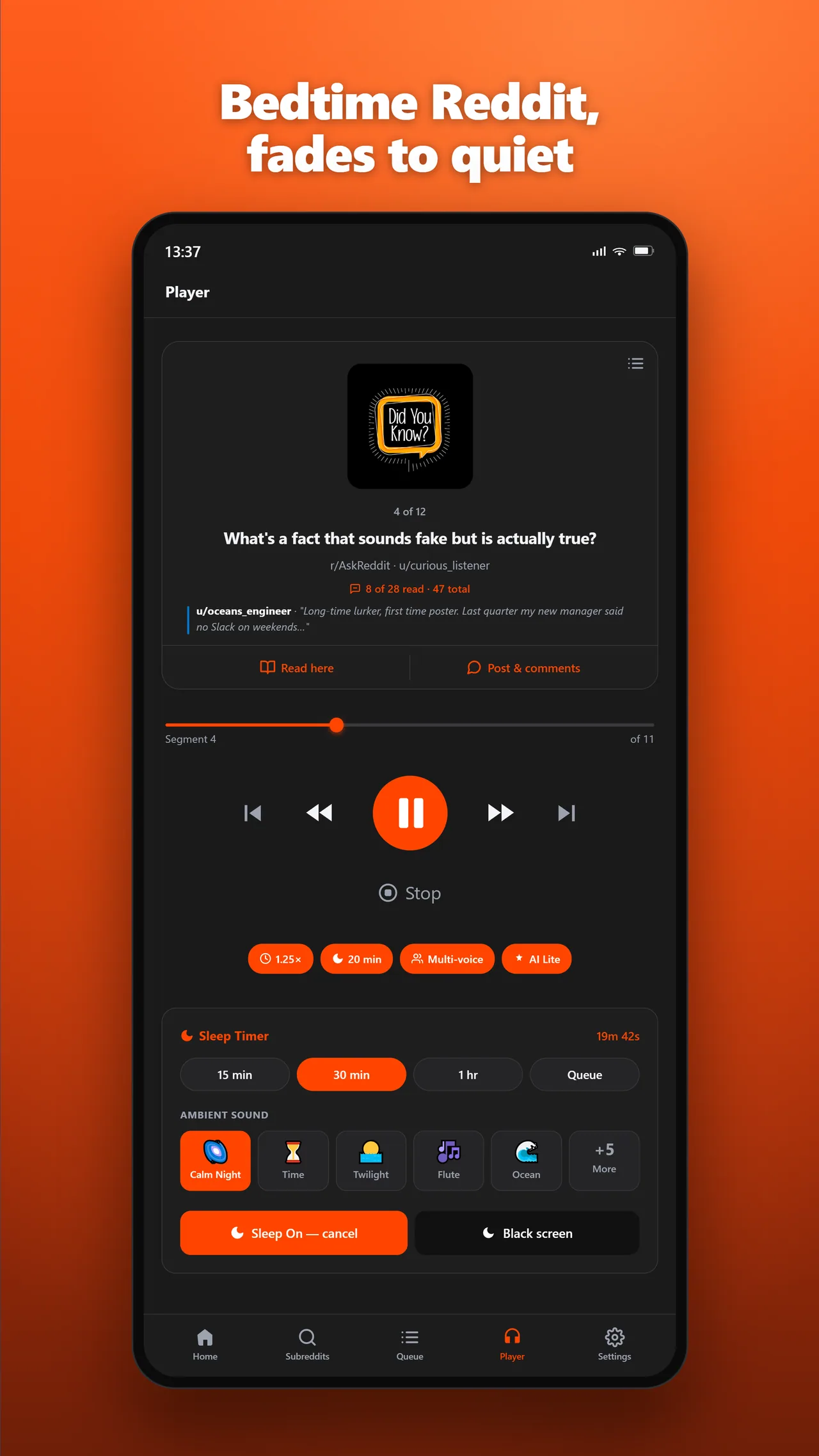 Sleep mode on Android with ambient sound and a fade timer for bedtime Reddit listening.