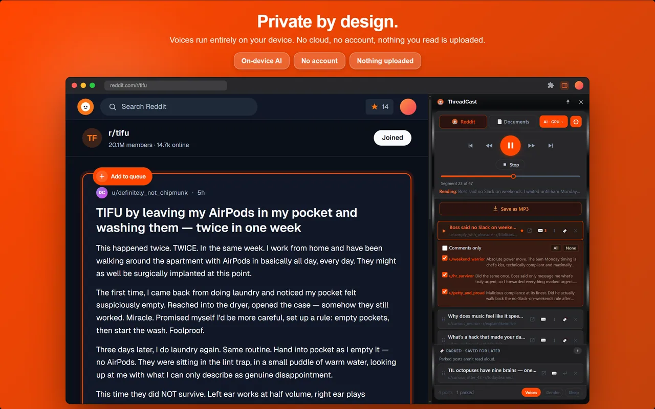 ThreadCast on-device privacy panel showing no account and no cloud text-to-speech for Reddit.