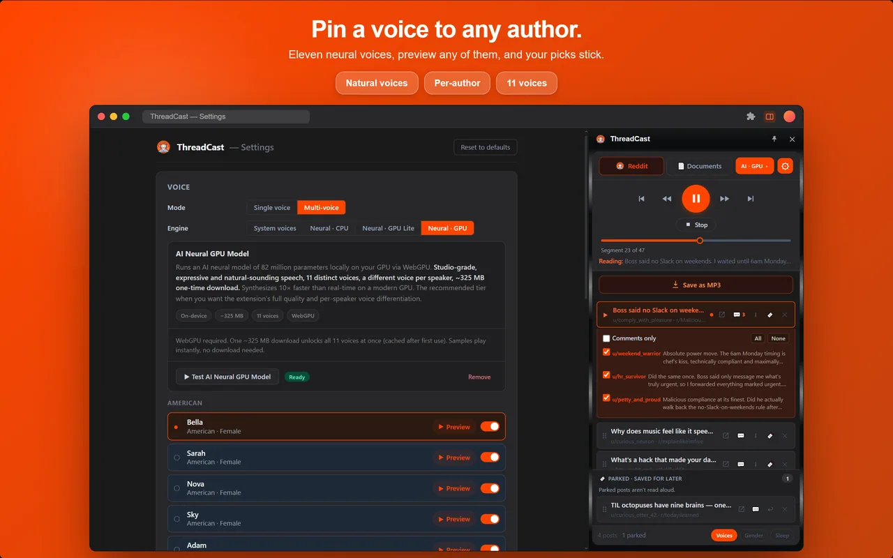 Voice selection list assigning a consistent voice per Reddit commenter, unlike single-voice Speechify.